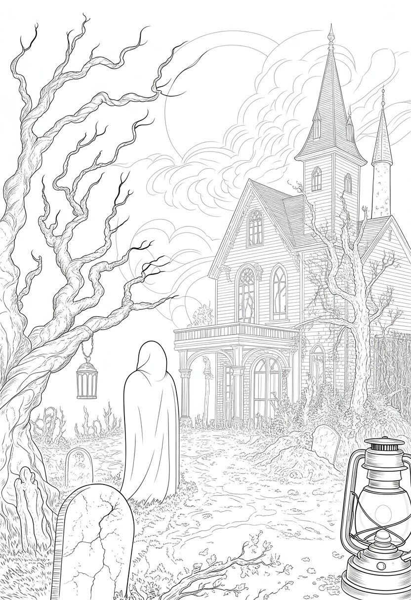 Gothic Coloring Pages for Adults: Top 20 Designs to Download as PDF and Png Files. 41 A haunted castle with tall spires, a full moon behind swirling clouds, twisted trees, a foggy graveyard with tombstones, and a cloaked figure near the entrance.